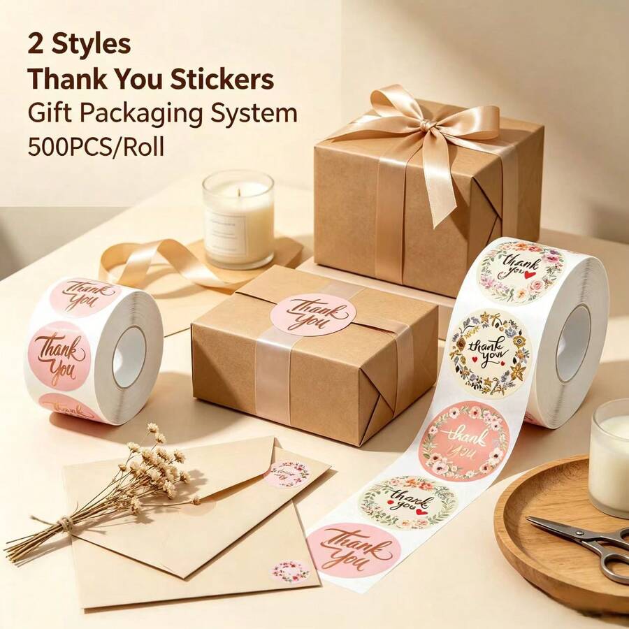 500pcs/Roll Rose Gold Foil Stamped Thank You Stickers, Round Self-Adhesive Gift Seal Stickers, Label Stickers, For Envelope Packaging, Birthday Party, Handmade Crafts, Small Business Product Packaging, Gift Box Stickers - Diverse - View 1