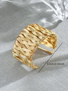 1pc Fashion Minimalist Hand-Woven Design Wide Open Metal Bracelet For Women, Suitable For Daily Wear - 金色-B1552 - 查看 4