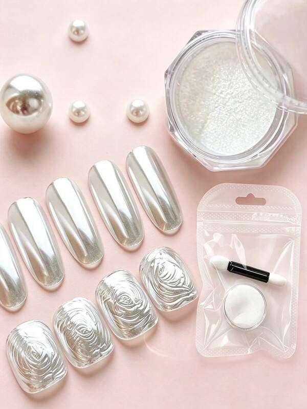 1 Caja de Polvo de Uñas Espejo de Perla Blanca Crema, Polvo de Pigmento de Arte de Uñas con Efecto Espejo Ultra Fino, con Aplicador de Esponja, Polvo de Brillo Metálico Plateado Brillante Aurora, Adecuado para Arte de Uñas DIY