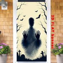 2D Flat 1 Piece Of Halloween Horror-Themed Banner Background, Featuring Shadowy Human Silhouettes, Bats, Dead Branches, And Tombstones. Made Of Polyester Material. - 90 X 180 cm - View 3