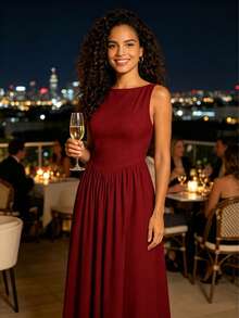 MODA MO, REF: H978 Women's Dress, Long Dress, Sleeveless, Round Neckline, High Waist, Open Back, Dress With Zipper, Slim Fit, A-Line Dress, Elegant, Modern, Lightweight, Comfortable, Versatile, Refined Look, Casual Chic Dress, Dress For Events, Sophisticated Look, Summer Dress, Quality Finish, Feminine Style. - 酒紅色 - 查看 4