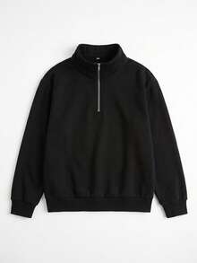 Sweatshirt Wanita Musim Gugur/Dingin Terbaru, Longgar, Minimalis, Warna Polos, Setengah Resleting, Kasual, Modis, Serbaguna, Berlapis Termal - Hitam - View 4