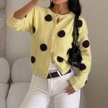 Women's Elegant Elegant Vacation Street Polka Dot Cardigan Sweater Yellow Fall - Yellow - View 7