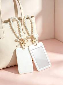 1 Macaron ABS Solid Color Push-Pull Card Holder With Pearl Chain And Pearl Shell Pendant. Student Wristband Card Holder, Student Wristband Women's Card Holder, ID Bus Protective Cover, Student Campus Card Protective Cover - A - View 4