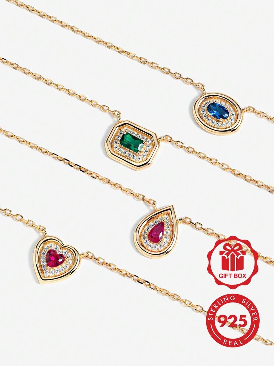 Elegant Luxury 925 Sterling Silver 18K Gold Plated Halo Necklace With Sapphire Blue, Ruby Red, Emerald Green Pave Zirconia For Women - Necklace - View 1