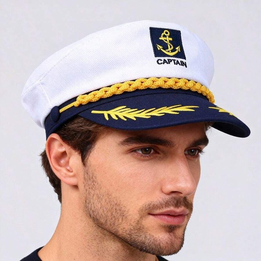 2pcs Halloween White Sailor Hat, Round Top White Anchor Rolled Edge Captain Hat Solid Color, Sailor Cap - Multicolor - View 1