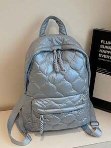Mochila acolchada con diseño de corazón azul, mochila de nylon acolchado suave con cordón y cremallera, gran capacidad para estudiantes, viajes diarios - Azul - Ver 2