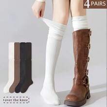 4 Pairs One Size Vintage Loose Fuzzy Knee-High Thigh Socks, Featuring Fine Vertical Striped Knit Craftsmanship, Elastic Cuff - Multicolor - View 9