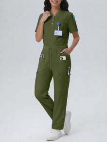 Pantalones de mujer/enfermería, pantalones cómodos, pantalones de unicolor simple con múltiples bolsillos - Verde militar - Ver 9