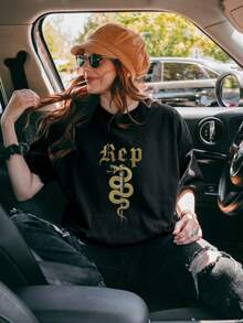Reputation Patterned T-Shirt, Plus Size T-Shirt - Black - View 1