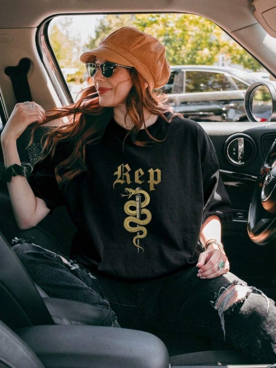 Reputation Patterned T-Shirt, Plus Size T-Shirt - Black - View 1