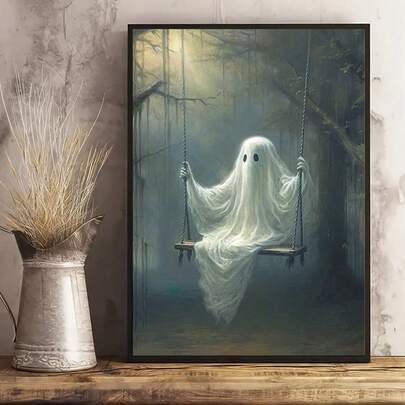 1 tấm poster canvas Halloween nghệ thuật hiện đại, hình con ma trên xích đu, mặt con ma nhỏ dễ thương rùng rợn, quà tặng lý tưởng cho phòng ngủ phòng khách, tranh treo tường trang trí, decor mùa thu, trang trí phòng, không khung