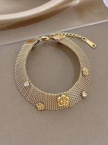 Set/1 Pieza Pulsera de Cadena de Malla Ancha de Acero Inoxidable con Mariposa, Zirconia y Flores Doradas Minimalistas, Conjunto de Joyería para Mujer, Fiesta, Diario, San Valentín/Cumpleaños/Navidad - Multicolor - Ver 8