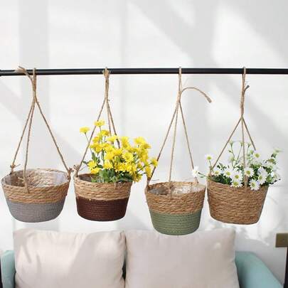 Cesta colgante de paja tejida, cesta de flores tejida con cuerda de cáñamo, cesta de ratán tejida, maceta colgante para plantas