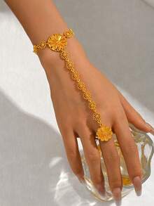 1pc Elegant Exotic Sunflower Single Finger Ring Bracelet, Suitable For Women's Banquet, Party, Wedding - Gold - View 2