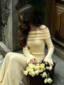 Elegant Yellow Off Shoulder Flare Sleeve Knit Maxi Dress For Women, Slit Hem Long Knit Outfit Suitable For Summer Autumn Dating & Daily Occasions - Yellow - View 5