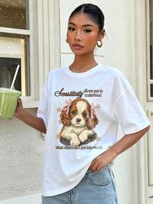 American Vintage Style Cavalier King Charles Spaniel Bow Print Short-Sleeve T-Shirt For Women, Gentle Loose-Fit Versatile Tee, Essential For Daily Fas - White - View 6