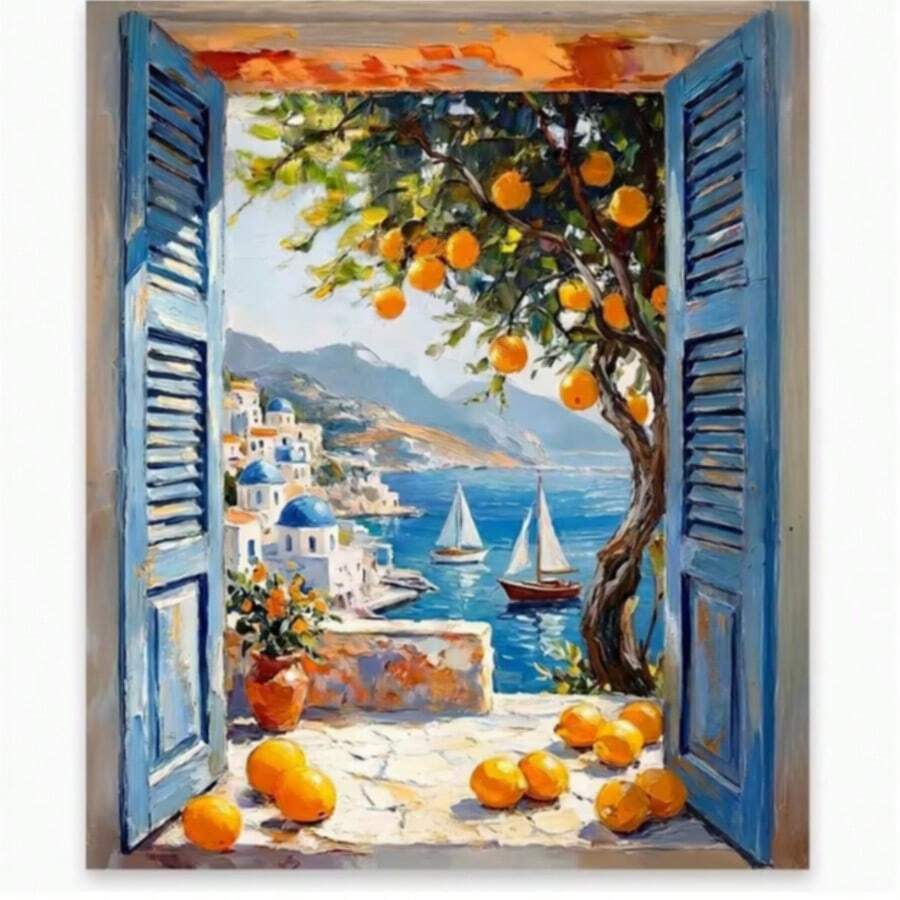 Kit de pintura de diamantes con paisaje de vista de ventana de la italiana, adecuado para adultos y principiantes, conjunto de arte de diamantes con barco y árbol de cítricos en la mediterránea, para decoración de pared del hogar, múltiples tamaños: 7.9x11.8 pulgadas, 11.8x15.7 pulgadas, 15.7x19.7 pulgadas