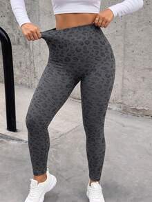 Plus Size Seamless Yoga Leggings, 1-Pack High Waist Leopard Print Fall Workout Pants For Gym & Daily Casual Wear - Grey - View 5