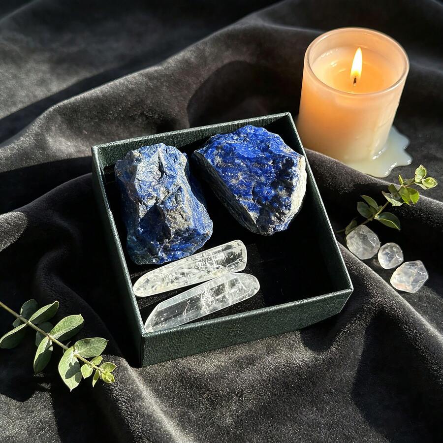 Stonehaven 4pcs Natural Lapis Lazuli Raw Stone And White Quartz Single Crystal Set, Gift Box Packed Natural Crystal Healing Mysterious Energy Spiritual Healing. Used For DIY Crystal Healing Jewelry - Surprise Gift For Family And Friends.