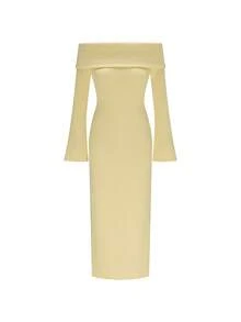 Elegant Yellow Off Shoulder Flare Sleeve Knit Maxi Dress For Women, Slit Hem Long Knit Outfit Suitable For Summer Autumn Dating & Daily Occasions - Yellow - View 6