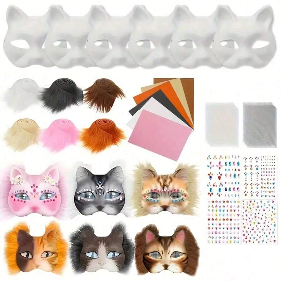 DIY Cat Face Mask Making Kit, Includes Felt, Handmade Style Animal Design Colorful Dress-Up Mask Set, Suitable For Halloween Costumes, Carnival Parties, Role Play And Holidays (DIY Handmade Kit, Halloween Costume Accessories)