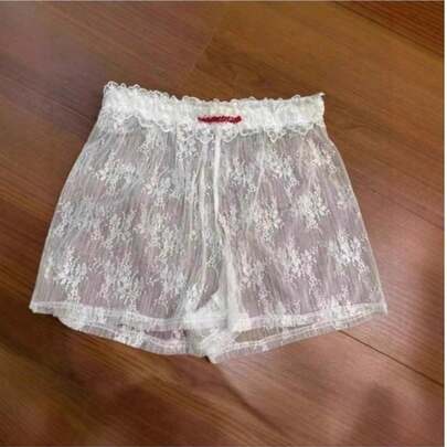甘辛レディース レース刺繍インナー付きストライプショーツ  夏用 ゆったりハイウエスト紐付きレース安全パンツ カジュアルホームウェア