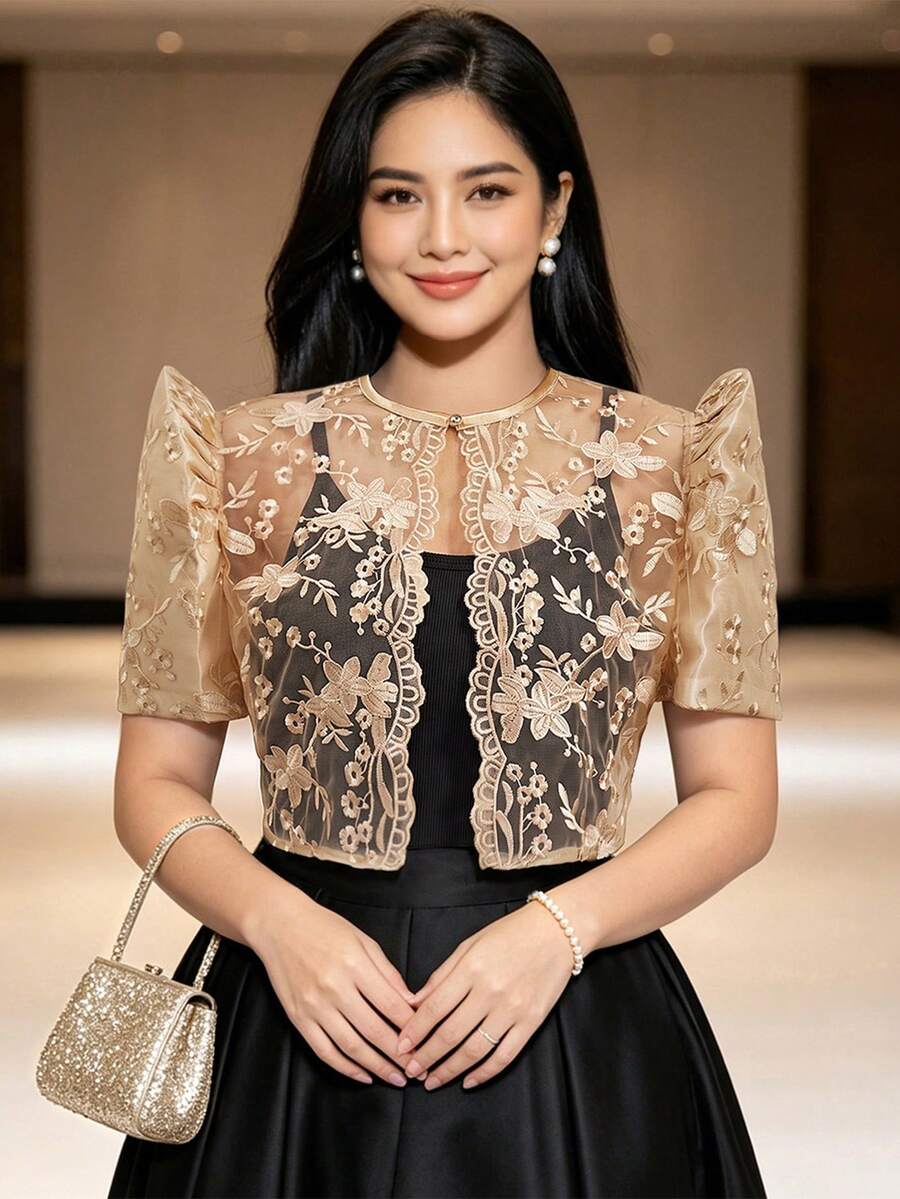 Blusa Filipiniana Moderna con Bordado de Encaje Exquisito y Patchwork - Champán - Ver 1