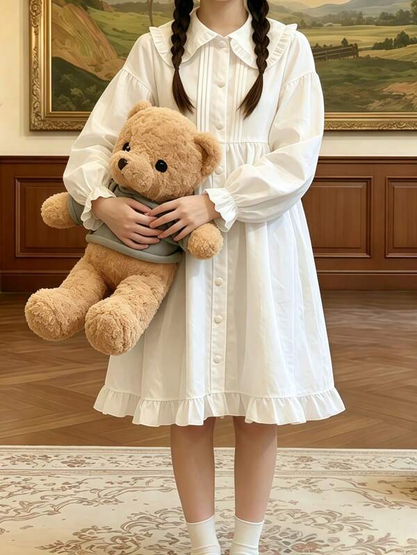 1件日系蘿莉塔仙女風軟妹彼得潘領領結泡泡長袖荷葉邊洋裝 COSPLAY 角色扮演服飾配件 白色