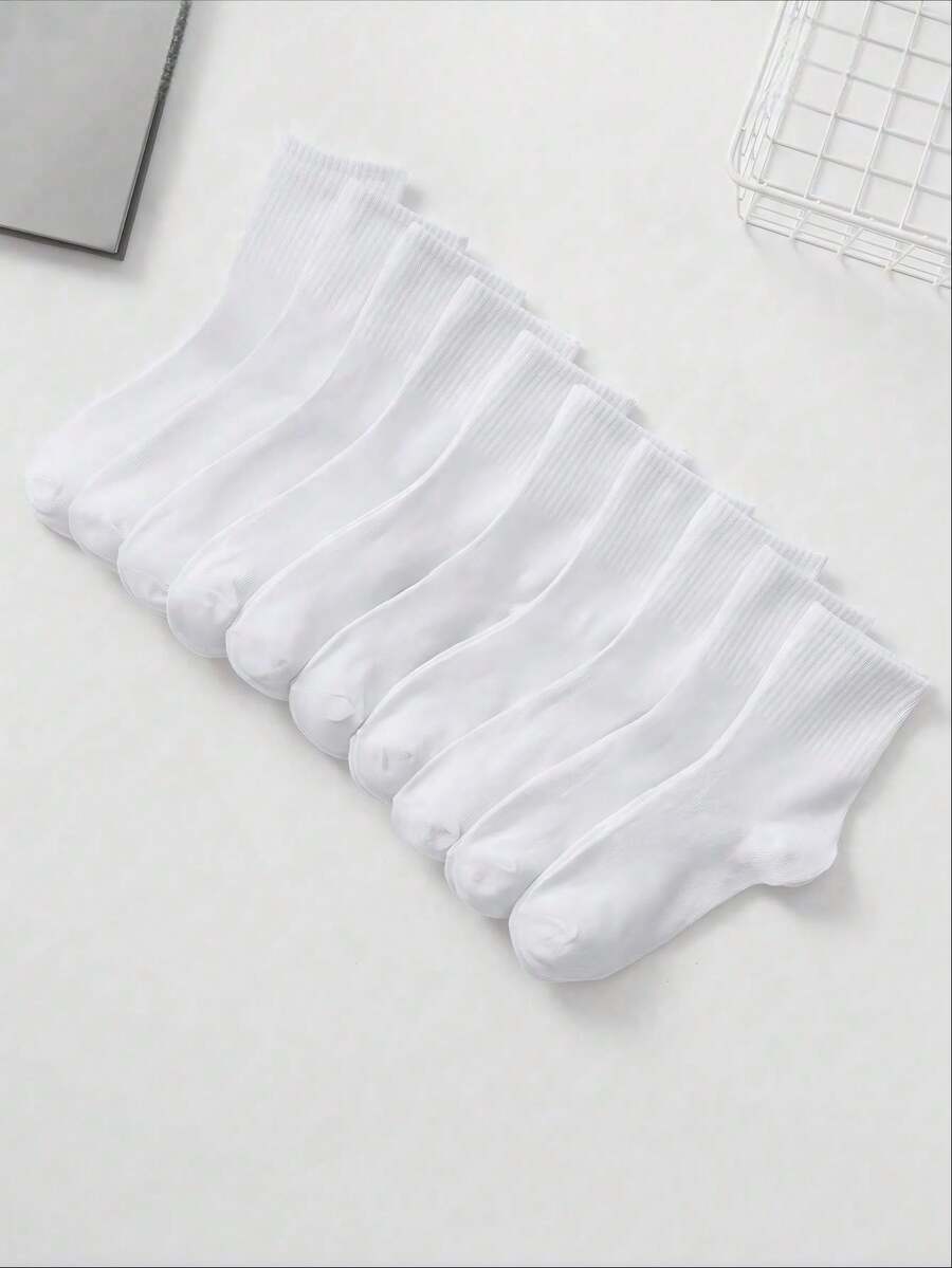 1/3/5/10/15/20 Pairs Of Black And White Solid-Color Women's Mid-Calf Socks, Unisex, For The Back-To-School Season, As A Gift For A Friend - White - View 1