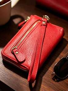Lychee Texture PU Dual Zipper Coin Purse, Multi-Compartment Card Holder Key Pouch With Wrist Strap, Portable Storage Small Bag - Multicolor - View 7