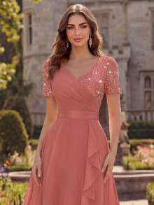 MIUSOL V-Neck Sequin Floral Lace Patchwork Chiffon Ruffle Hem Elegant Ball Party Midi Dress, Semi-Formal Evening Gown, Wedding Guest Dress Summer - Dusty Pink - View 9