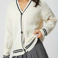 Star Print Striped Knit Drop Trim Cable Open Shoulder Cardigan - Beige - View 3