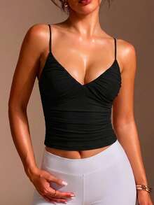 Camisole Mesh Dual-Color Solid High Elasticity Top - Black - View 3