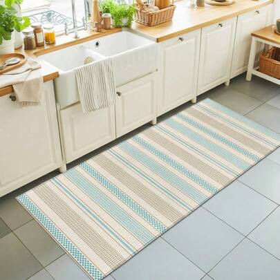 70*26inch Vintage Striped Washable Runner Rugs Soft Non-Slip Runner Rug Teal Brown Vertical Ticking Stripes French Country Low File Throw Carpet For Hallway Narrow Spaces Galley Kitchens Alongside Beds
