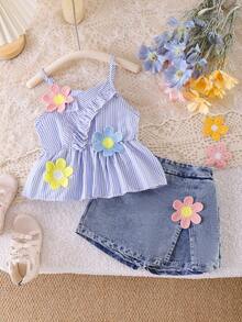 2pcs/Set Young Girl' Casual Floral Decor Camisole And Denim Skirt Outfit, Summer - Multicolor - View 1
