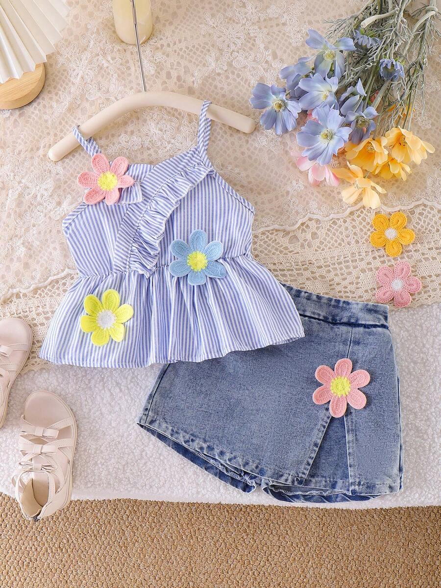 2pcs/Set Young Girl' Casual Floral Decor Camisole And Denim Skirt Outfit, Summer - Multicolor - View 1