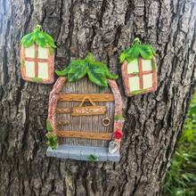 3pcs Welcome Wooden Gnome Door Decor Tree Ornament Set, Green Leaf Roof Mini Fairy House Window Hanging Decor, Outdoor Garden Tree Art Hanging Decor, Fairy Garden Decoration - Leaf Tree Hanging Decoration - View 1
