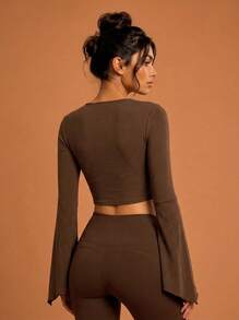 Never me Women's Square Neck Drawstring Waist Long Sleeve Sports T-Shirt, Flared Sleeve Cropped Yoga Fitness Base Layer Top - Brown - View 2