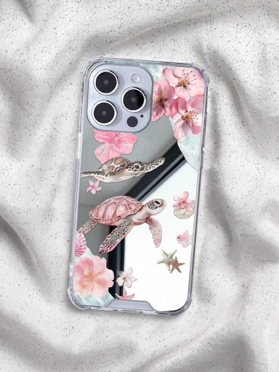 粉色海龜與花卉鏡面手機殼,相容 iPhone 13 15 16 17pro 17 14 17 17pro Max 15Pro 14Pro,相容 Galaxy/A54 A14 A15 S23 S24 S24ultra S25 A07 A17 S26 A57 - 彩色 - 查看 1