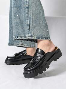 Black Tassel Loafer Mule Half-Slip-On Men's Backless Slip-On Shoes With Thick Serrated Platform Sole, Invisible Height Increase, British Street Style Spring/Summer Commute Versatile Slouchy Outdoor Sandals - Black - View 2