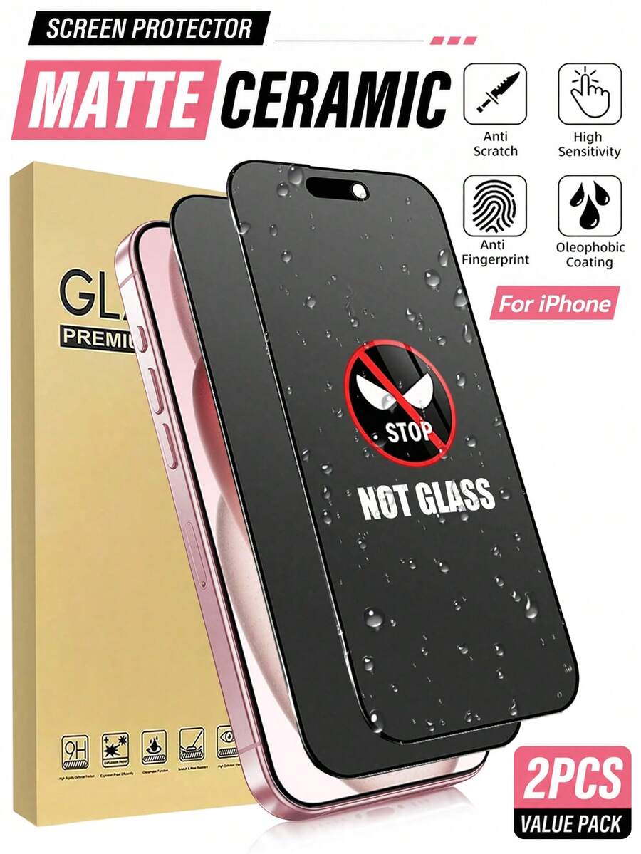 2片裝磨砂陶瓷防窺螢幕保護貼,相容 iPhone 18 Pro Max/18 Pro/17 Pro Max/17 Air/16 Pro Max/16/16 Pro/16 Plus/14 Pro Max/15/13,9H+ 防刮、觸控靈敏,相容手機殼,附清潔套件,高品質 9H+ 陶瓷膜 - 黑色 - 查看 1