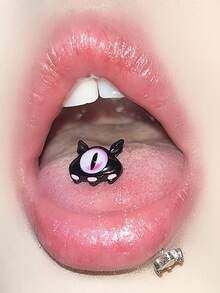 Cute Little Devil Oil-Drip Tongue Stud Eye Monster Cartoon Sweet & Cool INS Style Piercing Jewelry - Black - View 1