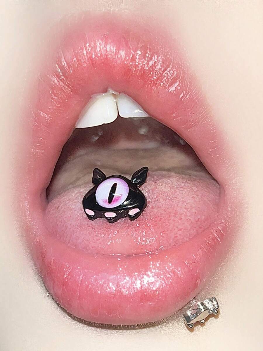 Cute Little Devil Oil-Drip Tongue Stud Eye Monster Cartoon Sweet & Cool INS Style Piercing Jewelry - Black - View 1