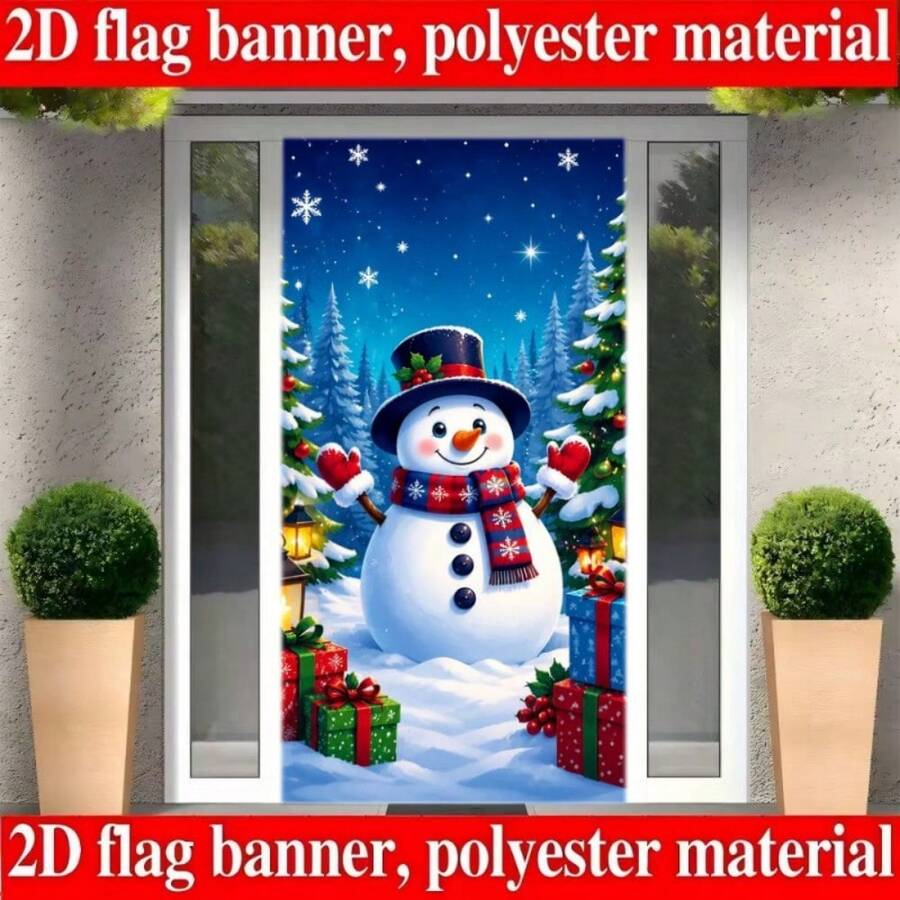 2D Flat 1 Piece Of Christmas Snowman-Themed Banner Background. The Design Features Christmas Pine Trees, Decorative Gift Boxes And Snowflakes. It Is Made Of Polyester Material And Does Not Require Power Supply.