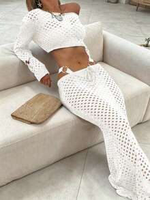 Damen 2-teiliges Set Frühling/Sommer elegantes Strick Hohllangarm Crop Top + langer Rock Mode Alltag Outfit Weiß Herbst - Weiss - Übersicht 1