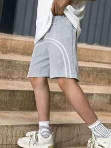 1pc Tween Boys Casual Sports Pants, Minimalist Fashion Stripe Decor Straight Leg Shorts - Light Grey - View 4