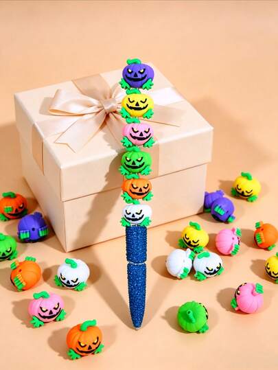 12pcs Halloween Pumpkin Shaped Silicone Beads Mixed Color Focal Beads, DIY Beaded Pens, Keychains, Bag Charms, Craft Supplies For Teen Girls Party Handmade Decorations