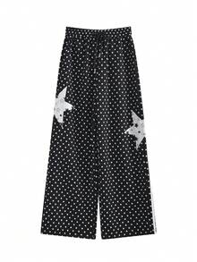 Polka Dot & Star Applique Sweatpants For Women, Loose Straight Leg Casual Pants, Slimming Design (Random Star Pattern) Black - Black - View 4