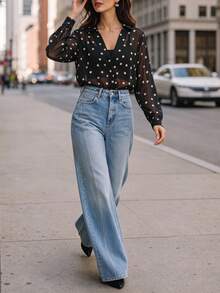 Black Polka Dot Sheer Shirt, Women Elegant Collared Long Sleeve Button Down See Through Chiffon Casual Blouse Vacation - Black and White - View 6